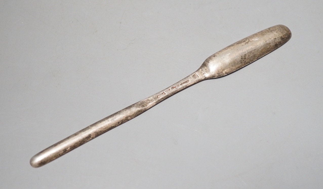 A George II silver marrow scoop, maker JS, London, 1739?, 21.4cm.